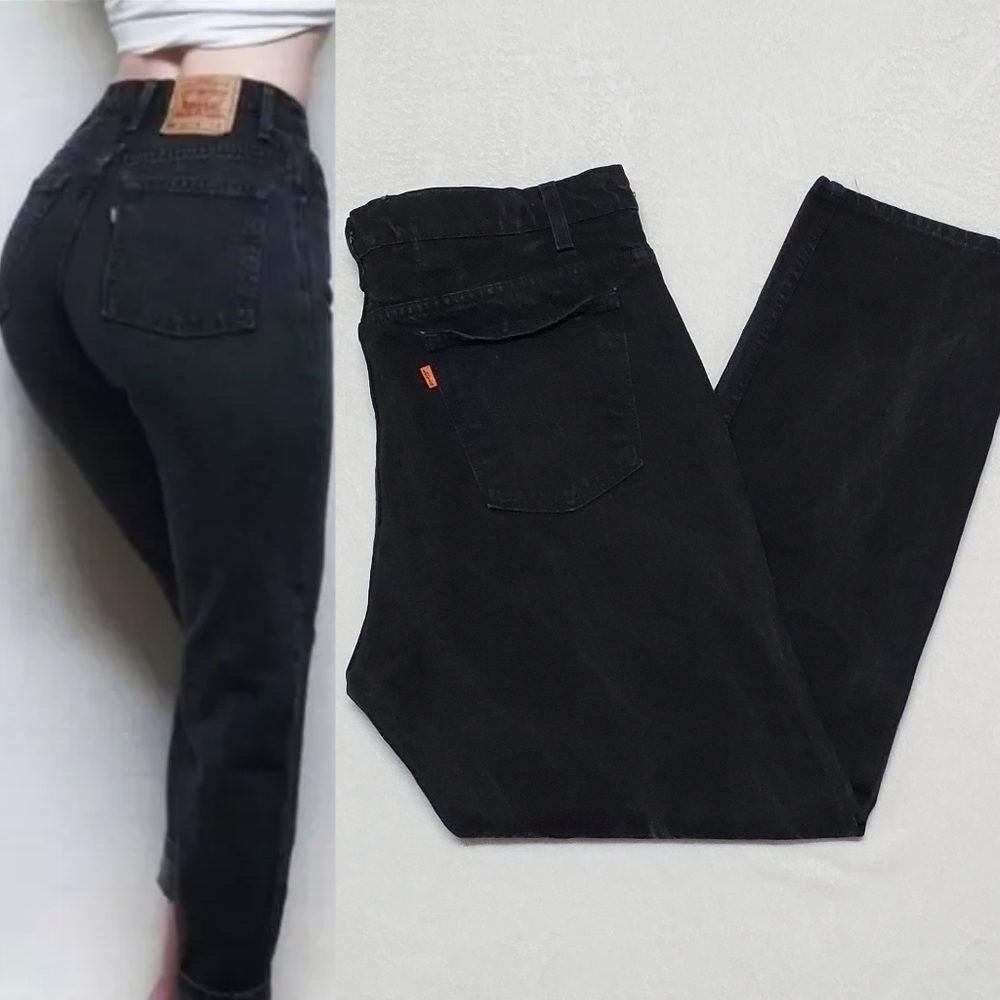 VINTAGE 1996 Levi's 505 Orange Tab Black Stone Wash Distressed High Rise Jeans